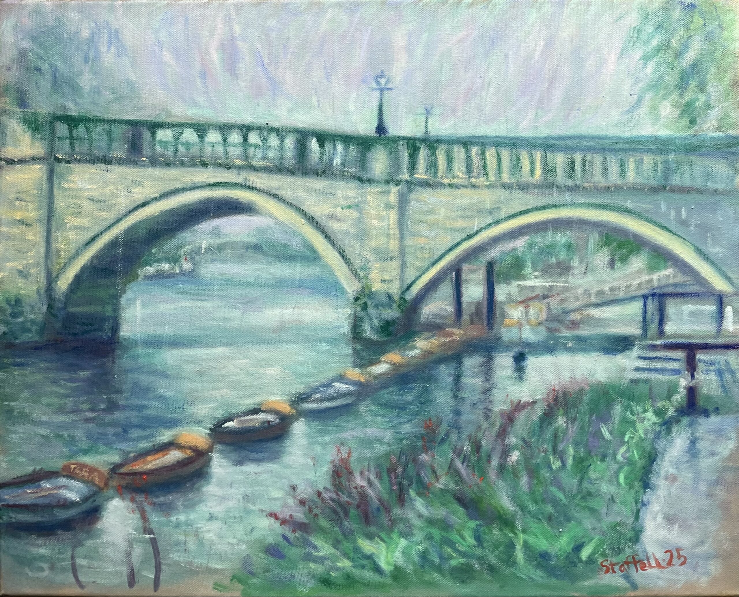 Boats and bridge in the rain